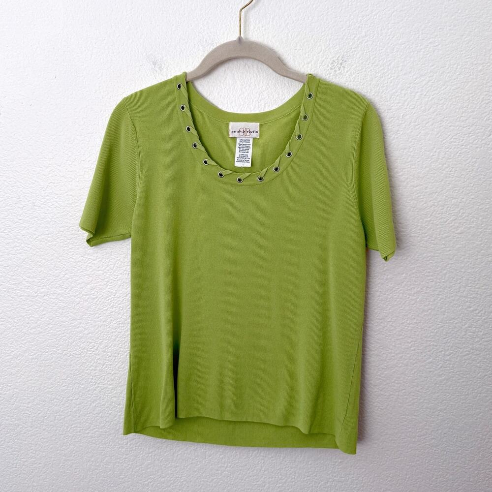 [Vintage] Green Y2K 90s Grommet Laced Scoop Neck Short Sleeve Knit Top Sz Large
